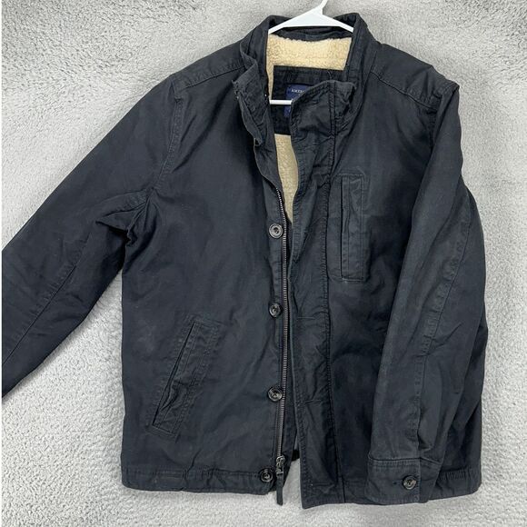 American Eagle Sherpa Lined Canvas Jacket Mens‎ Medium Black Full Zip Button Up